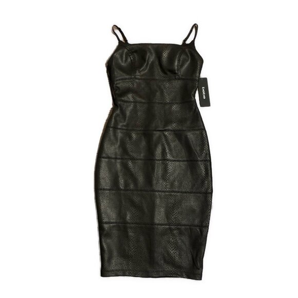 Bebe New Solid Black Vegan Faux Snakeskin Tank Bodycon Mini Dress Xs - Picture 1 of 7
